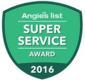 A green shield with the words " angie 's list super service award 2 0 1 6 ".