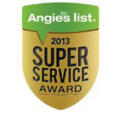 A yellow shield with the words " angie 's list super service award 2 0 1 3 ".