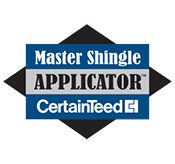 A blue and white logo for the master shingle applicator.